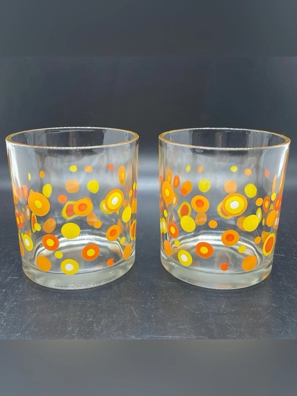 Vintage 1960s 1970s MCM Mod Orange & Yellow Polka Dot Rocks Glasses Set of 2
